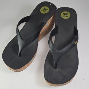 Zaxy Black Wedge Flip Flop Sandals Cork Splatter Print Women's Size 9